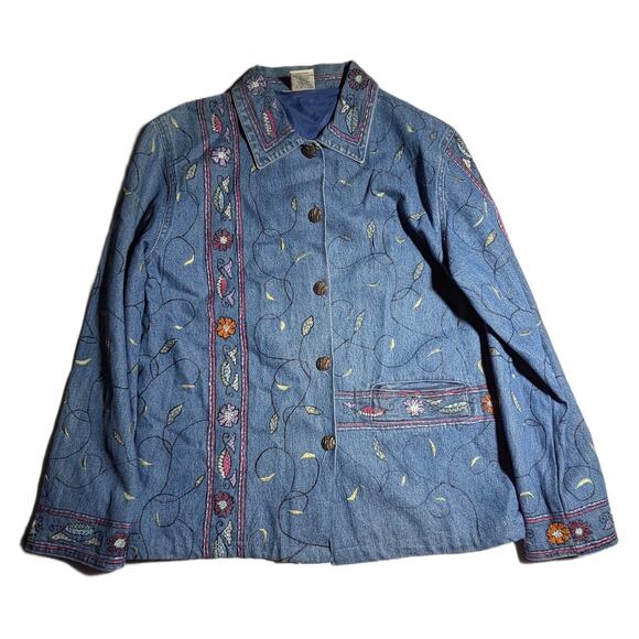 Vtg 1990s Parsley & Sage Botanical Floral Embroidered Button Up Denim Jacket M - Picture 1 of 4